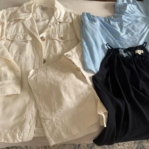 LOFTSET Cream Jacket/shorts and Striped Top, navy shirt all Size M and shorts 6